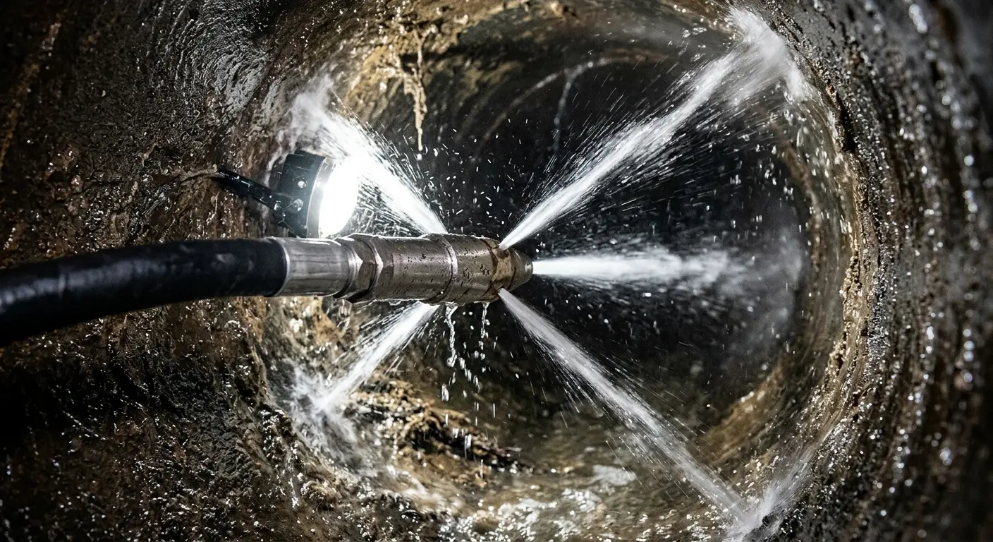 High-pressure hydro jetting nozzle cleaning sewer pipe for Emergency Drain Service in Troutdale