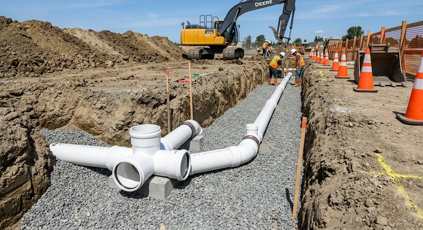 New PVC sewer pipe installation in open trench for Sewer Backup in Troutdale